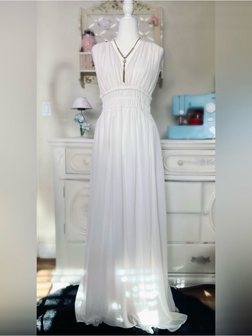 Soieblu White Pleated V-Neck Maxi Dress